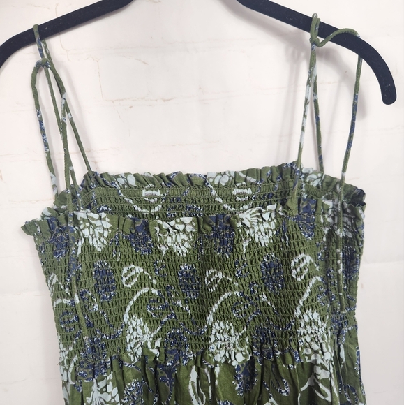 Zara Smocked Boho Lightweight Cotton Midi Tiered Floral Green Sundress Large - Picture 7 of 16